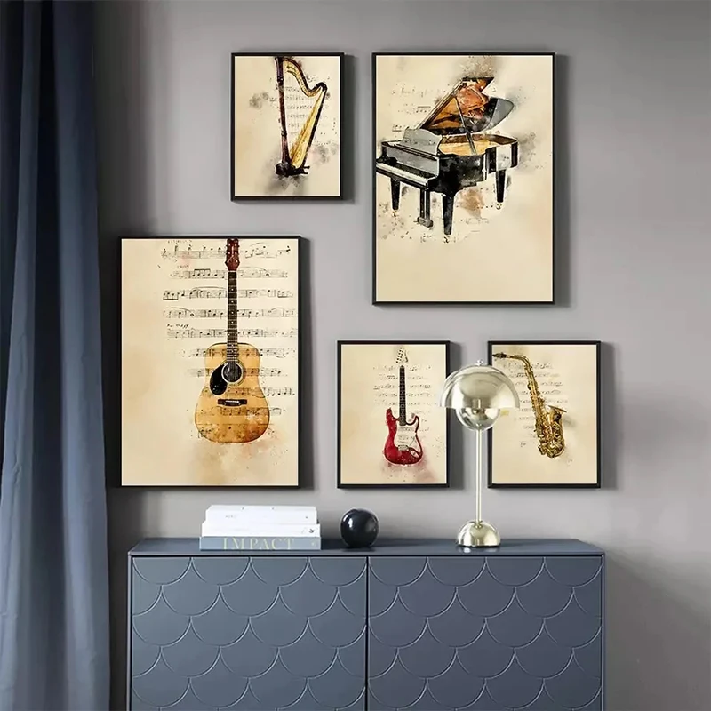 Picture Of Musical Instrument - 楽器ピアノギターヴィンテージスタイルプリントキャンバス絵画ポスター壁アート音符北欧ホームルーム装飾画像