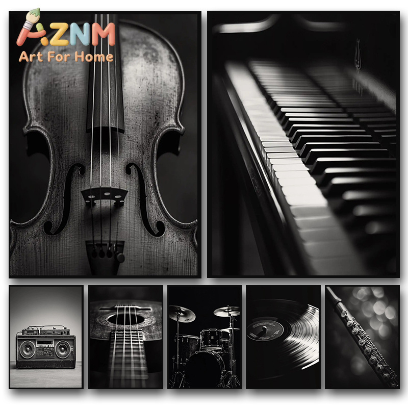 Picture Of Musical Instrument - クラシック楽器の写真ポスター バイオリン レコード サックス プリント キャンバス絵画