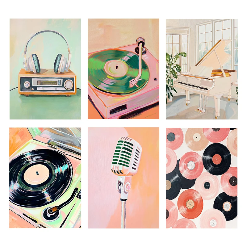 Picture Of Musical Instrument - （フレームなし）レトロな音楽アートポスター、レコードプレーヤー、楽器の絵画プリント、キャンバス地の壁掛けアート、お部屋の音楽をテーマにした装飾画